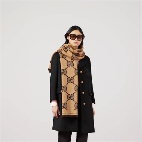 GG wool jacquard cape in brown and beige 